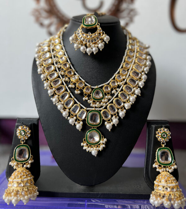 Green Color Gold Plated Double Layer Kundan Set