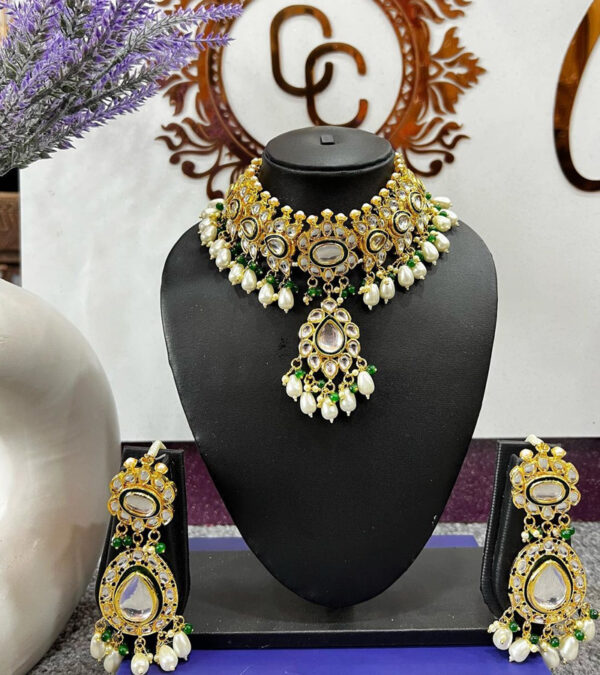 Green Color Gold Plated Faux Diamond Bridal Necklace Set