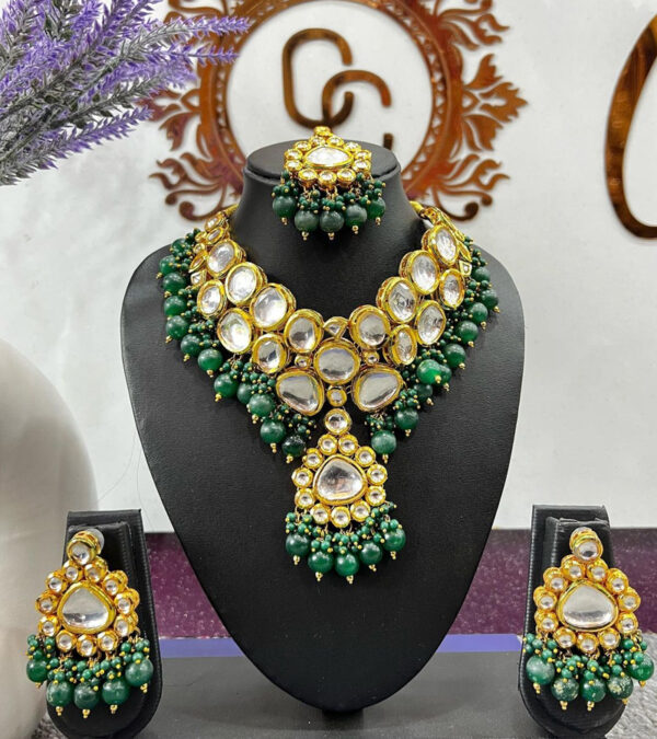 Green Color Gold Plated Kundan Necklace Set