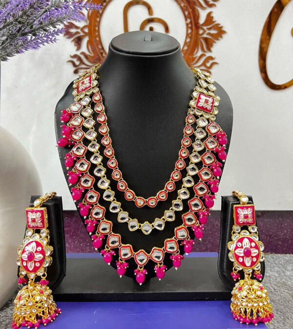 Pink Color Gold Plated Jadau Kundan Necklace Set