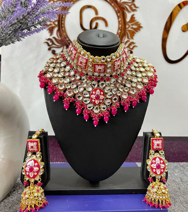 Pink Color Gold Plated Jadau Kundan Necklace Set