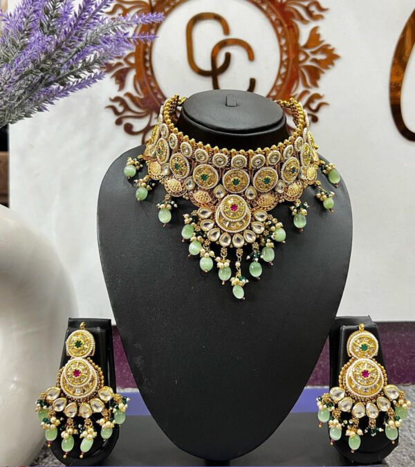 Pista Color Gold Plated Pachi Kundan Necklace Set